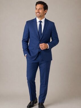 Michael Strahan Blue Suit 46R Jacket 38x30 Pants Wool Blend Stretch Tailored
